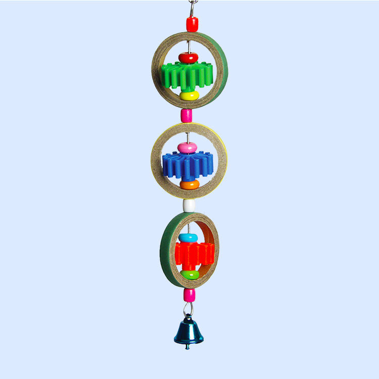 Gears and Rings bird toy from Squawk Shop, featuring colorful wooden rings, gears, beads, and a bell for interactive chewing and playtime fun.