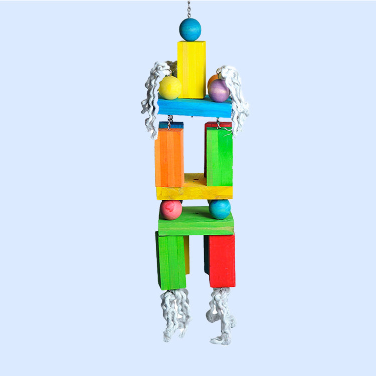Mega Blocks & Cotton Preening Rope bird toy with colorful wooden blocks and soft cotton rope for large parrots. Available at Squawk Shop!