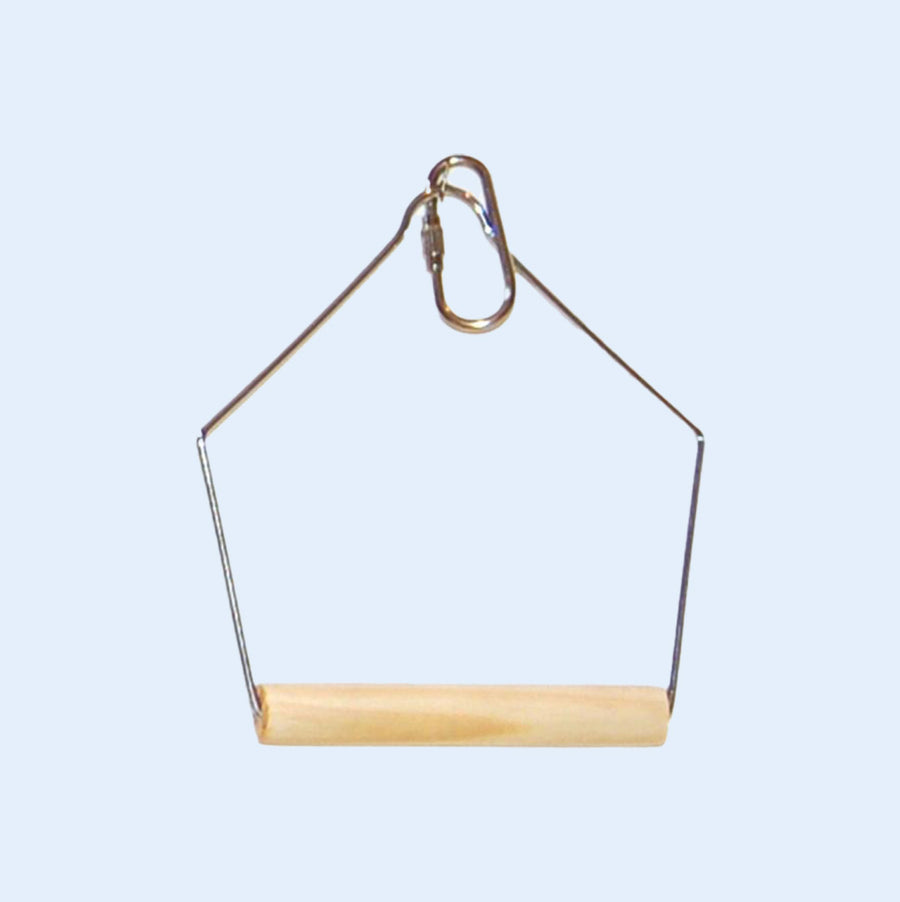 Small Economy Bird Swing from Squawk Shop, featuring a 3" x 4" bird-safe wooden perch and durable wire frame for medium to large birds.