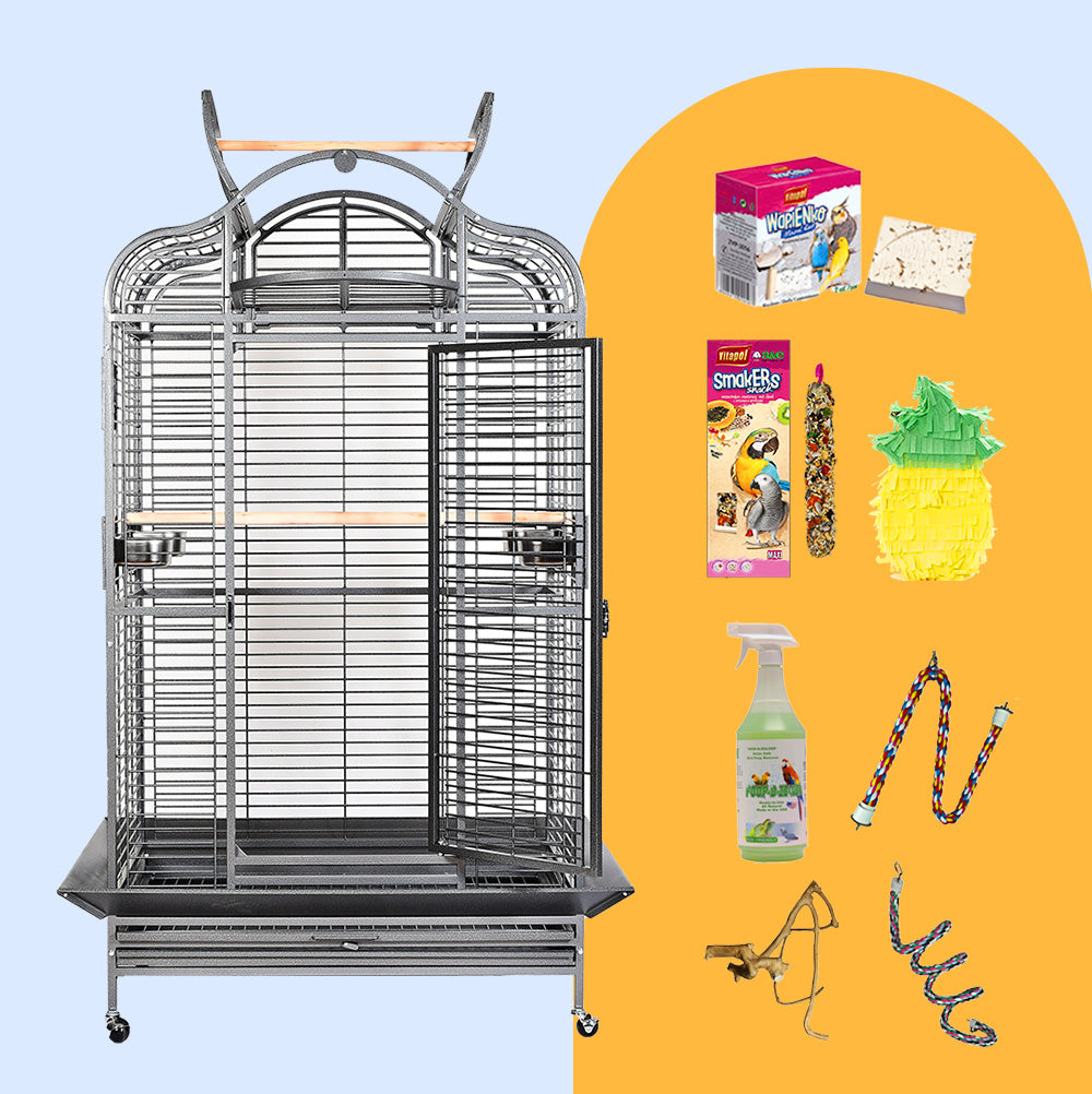 Majestic X-Large Parrot Cage Bundle from Squawk Shop with arched black cage, toys, rope perches, cuttlebone, cleaning spray, and treats for large birds